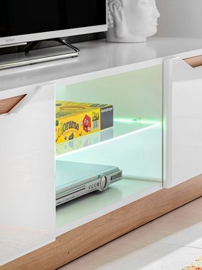 Stylefy Wohnwand Calgary Weiß, Weiß Hochglanz, (Wohnmöbel, Wohnzimmer-Set, Set (4-St), bestehend aus 2xStandvitrine, 1xLowboard, 1xWandboard, inkl. LED-Beleuchtung, mit Glaseinsatz,variabel stellbar und hängbar