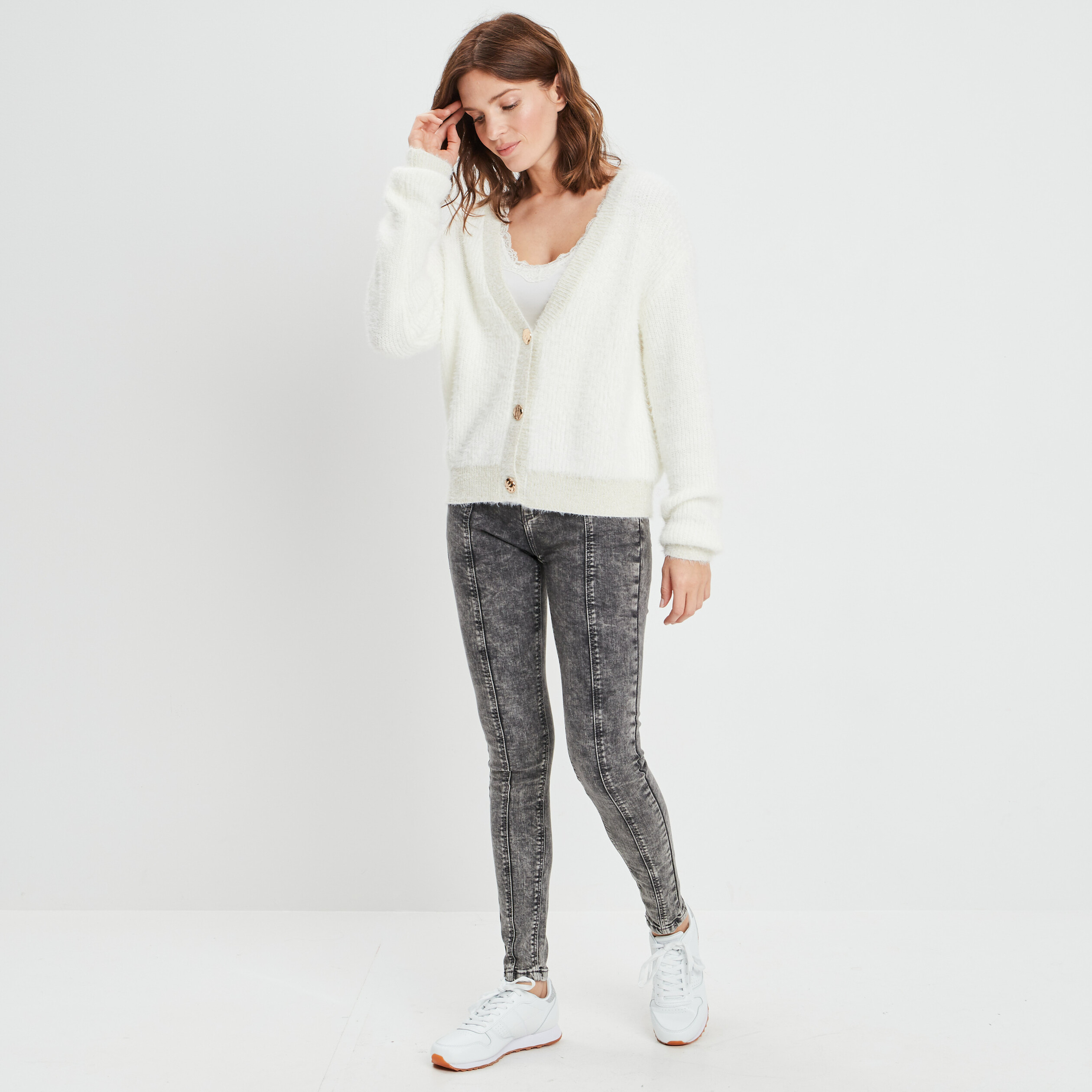 Jeans skinny avec clous denim gris femme | La Halle