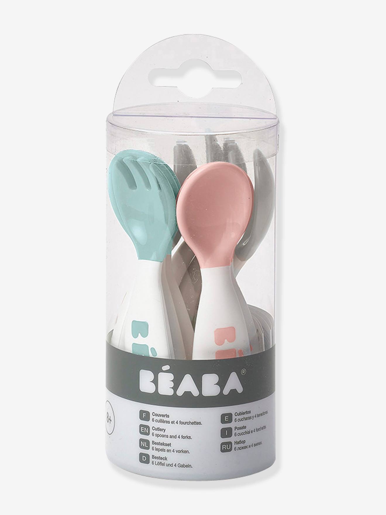 Lot de 10 couverts ergonomiques 2e âge BEABA old pink/ airy green/ light mi