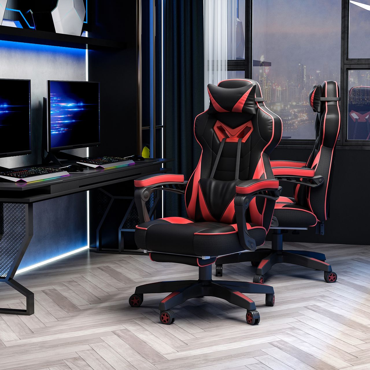 Vinsetto Ergonomischer Bürostuhl, Gaming Stuhl, Drehstuhl mit einziehbare Fußstütze und verstellbarer Rücken Schaumstoff PU-Leder Metall, Schwarz Rot, 65 x 70 x 118,5-128,5 cm