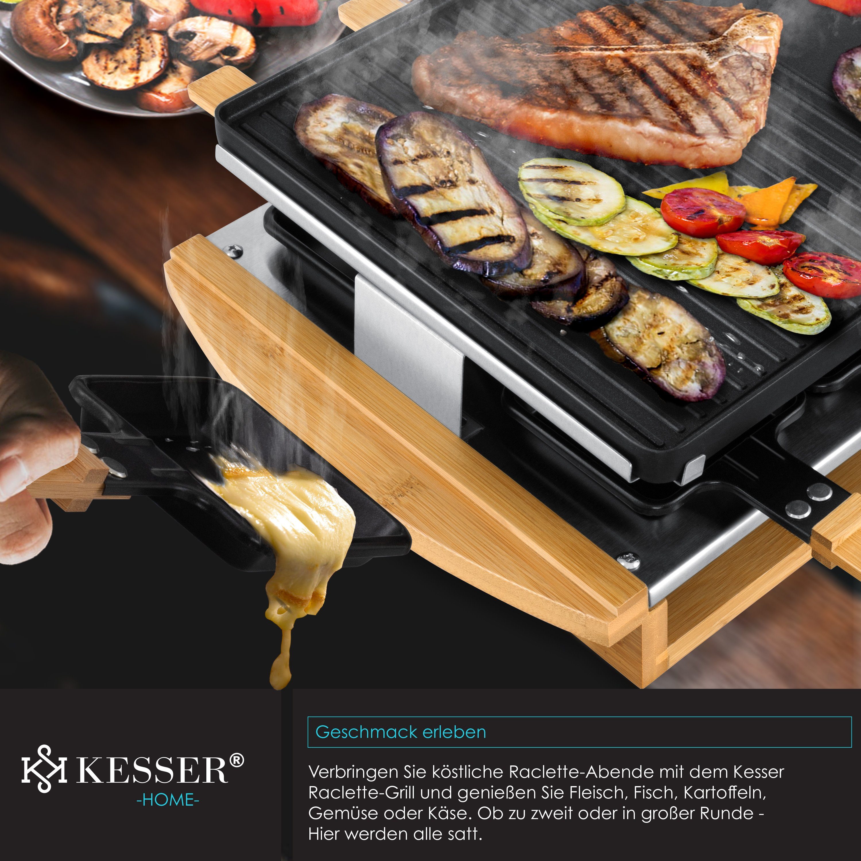 KESSER Raclette, 8 Raclettepfännchen, 1200 W, Raclette-Grill mit Naturgrillstein, Grillplatte Tischgrill