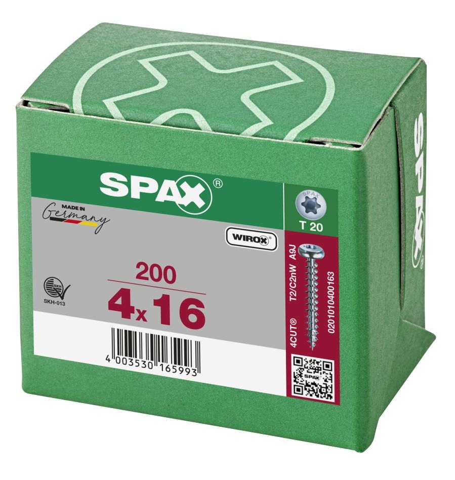 SPAX 0201010400163 Universalschraube 4 x 16 mm, Vollgewinde, Rundkopf, T-STAR plus T20 – 200 Stück