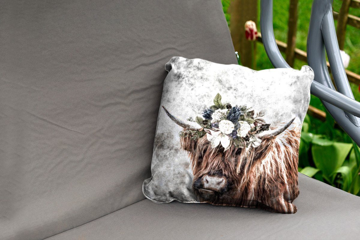 MuchoWow Dekokissen Schottischer Highlander - Schottische Kuh - Blumen, Kissenbezüge, Kissenhülle, Dekokissen, Dekokissenbezug, Outdoor