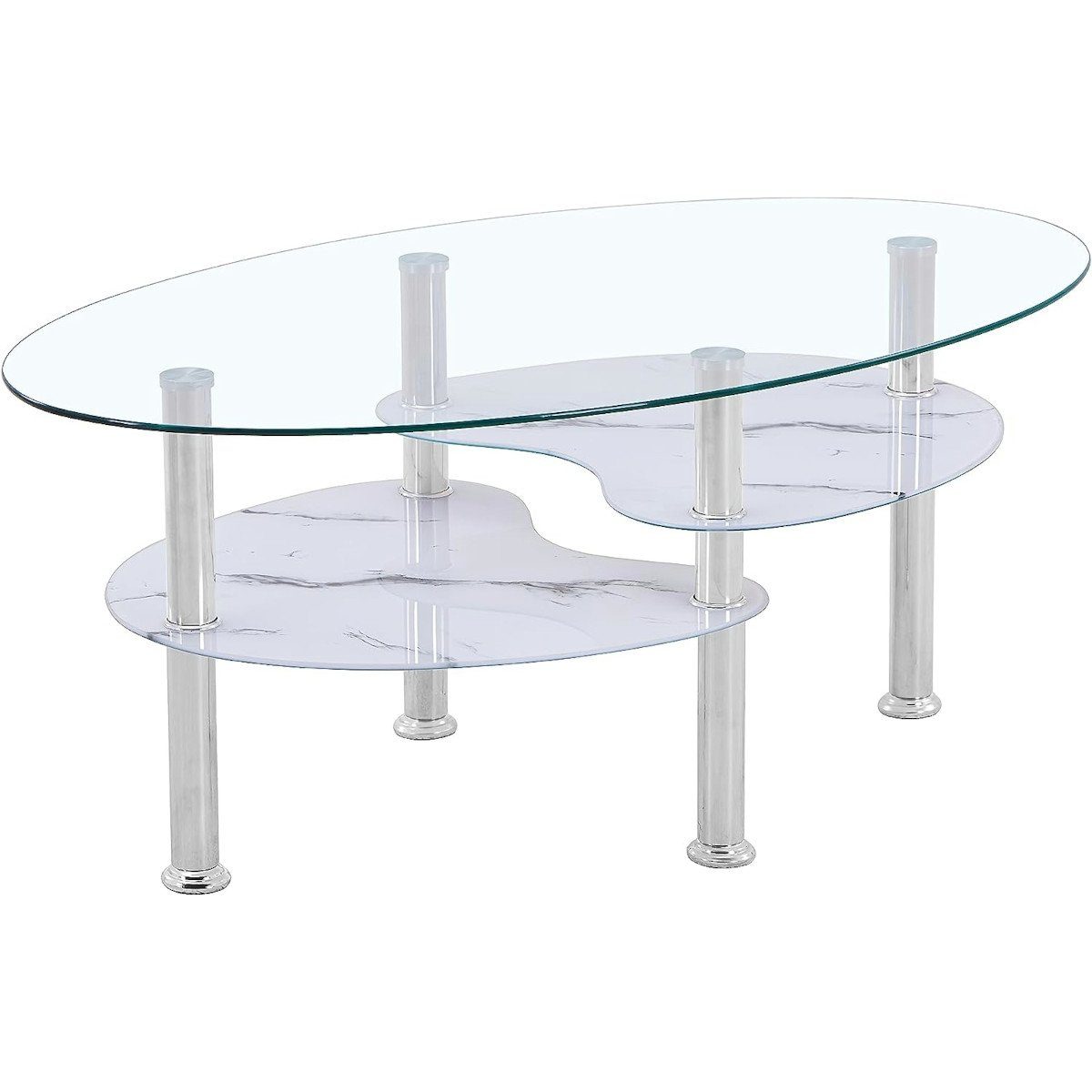 HOOZ Couchtisch 98x55cm Klar Glas mit Ablagen in Marmorweiß (Packung, 1-St., 1 Tisch), mit Ablagefächern