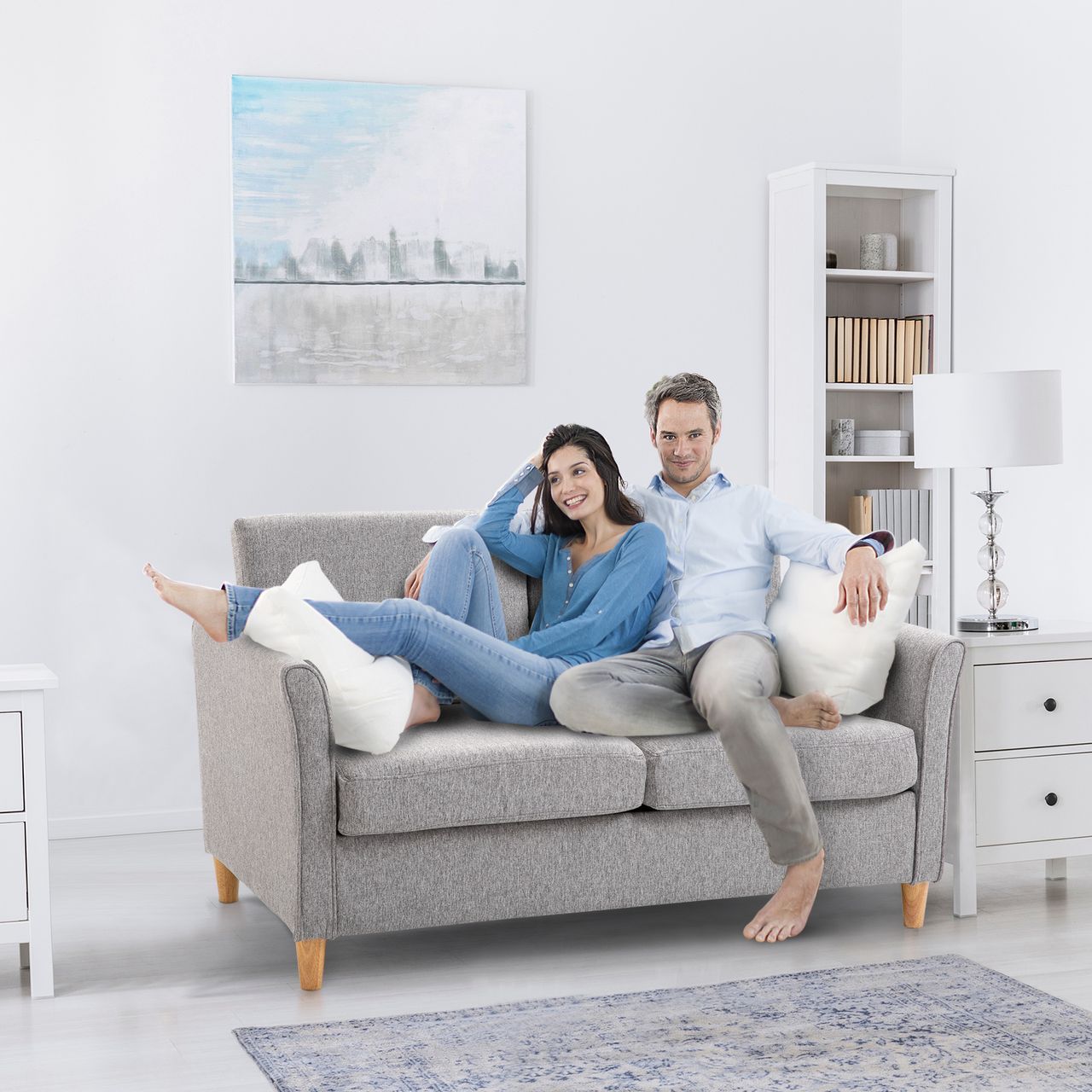 HOMCOM 2-Sitzer Sofa Stoffsofa Doppelsofa abnehmbar mit Kissen 200 kg-Belastbarkeit Leinen Schaumstoff Hellgrau 141 x 70 x 78 cm