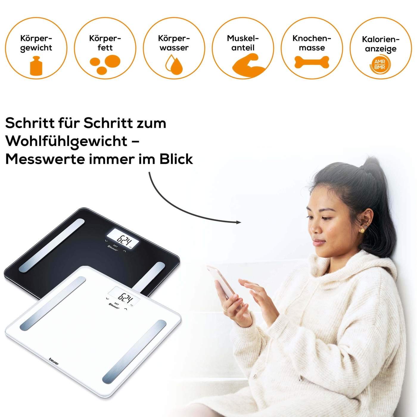 Beurer Diagnosewaage BF 600 Pure Black-Analysewaage mit BMI Ganzkörperanalyse & App-Anbindung - bis 180 kg