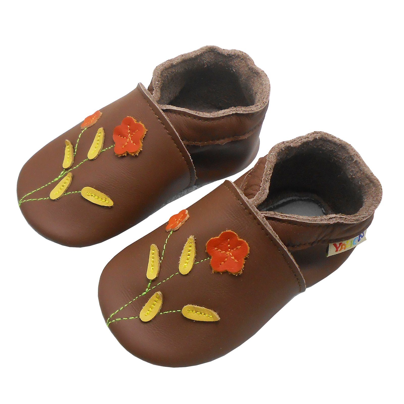 Yalion Weiche Leder Lauflernschuhe Hausschuhe Lederpuschen Zwei-Blumen-Braun Krabbelschuh