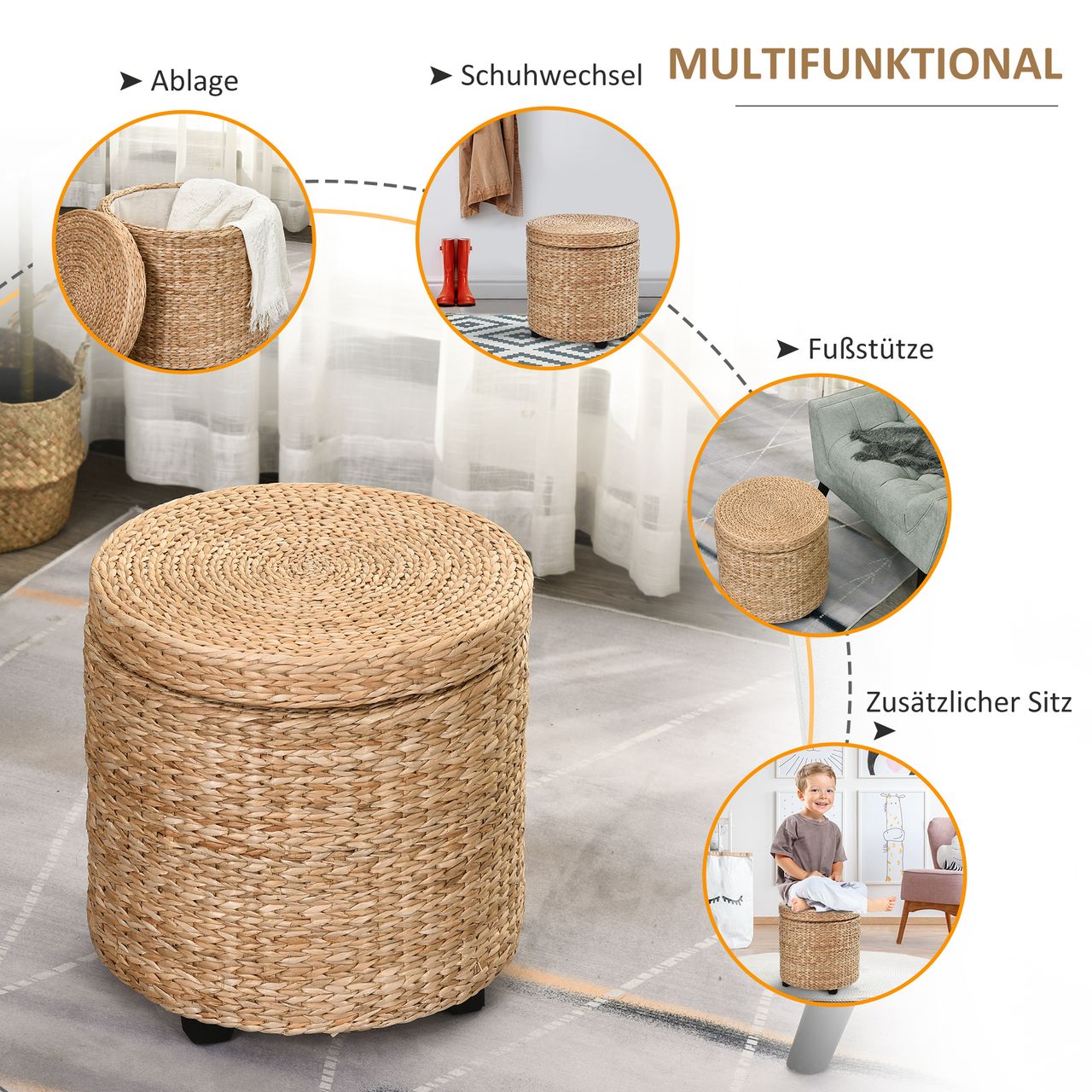 HOMCOM Sitzhocker mit Stauraum, Fußhocker, Fußstützen Hocker, Aufbewahrungsbox, Deckel Abnehmbar, Stroh Rattan, Khaki, Ø43 x 43 cm