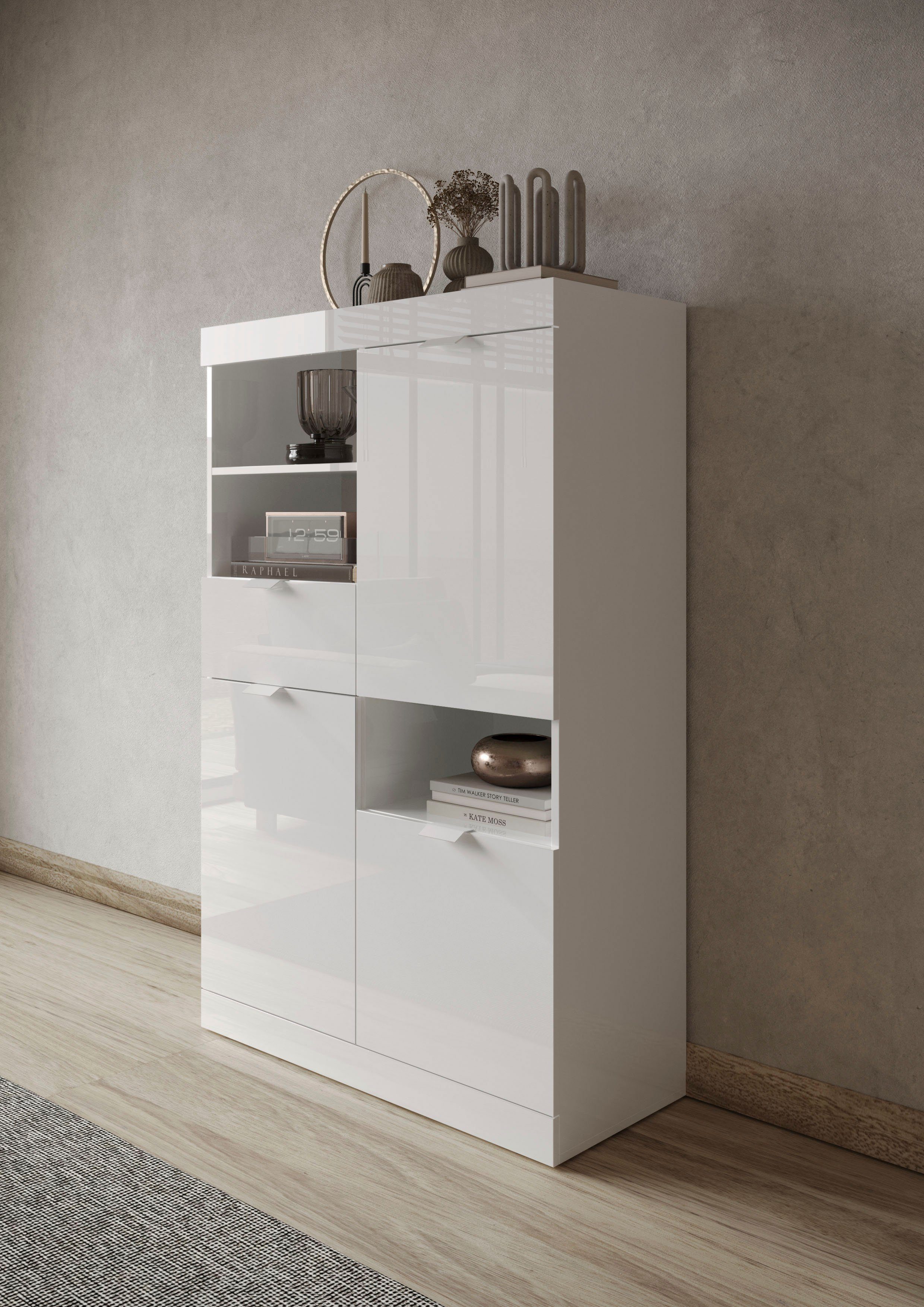 LC Highboard Slim, Breite 91 cm, weiß Hochglanz Lack