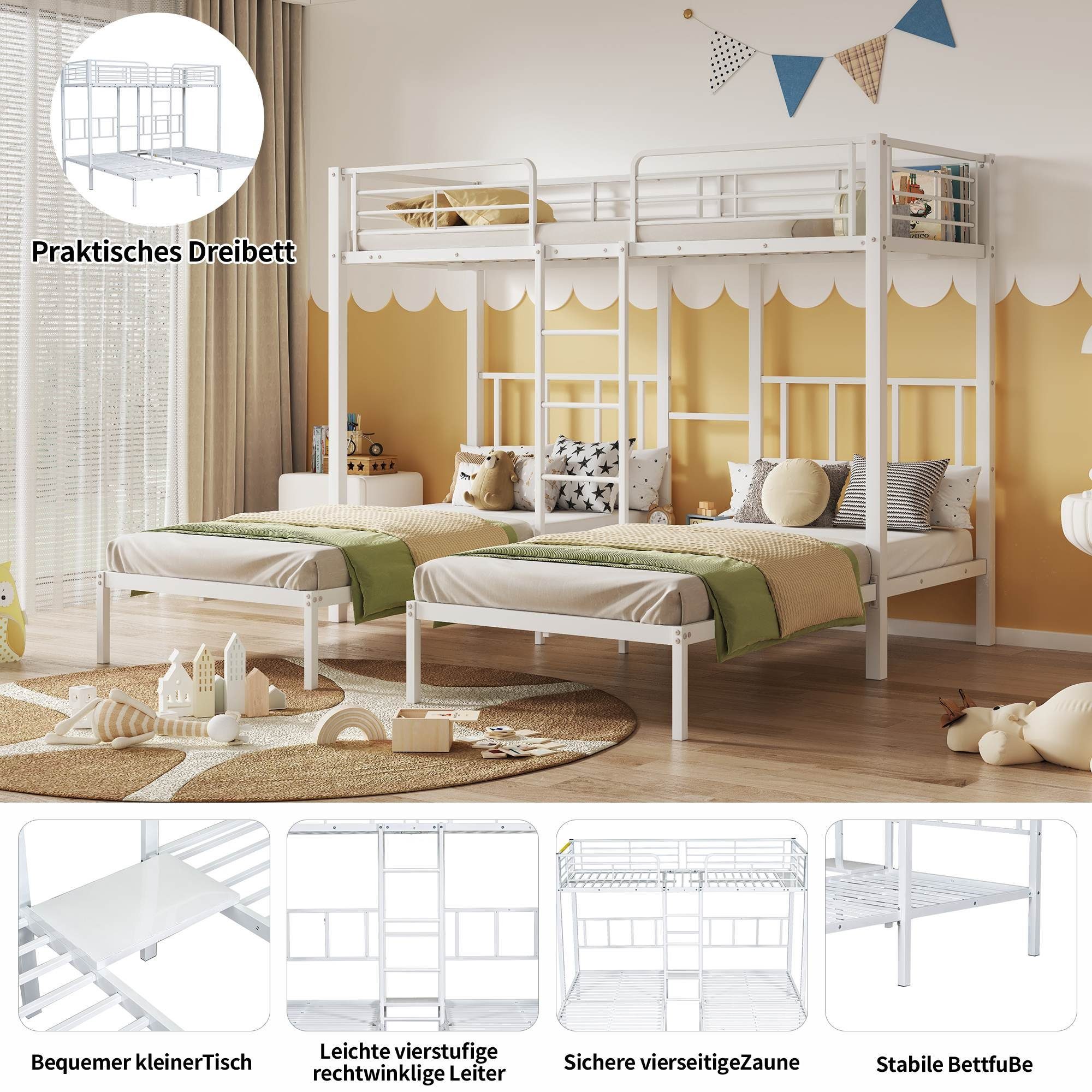 BlingBin Etagenbett Dreifaches Etagenbett mit Leiter und Schutzgitter (1er Set, 1-St., Dreierbett), Eisenbett mit Fallschutzgitter