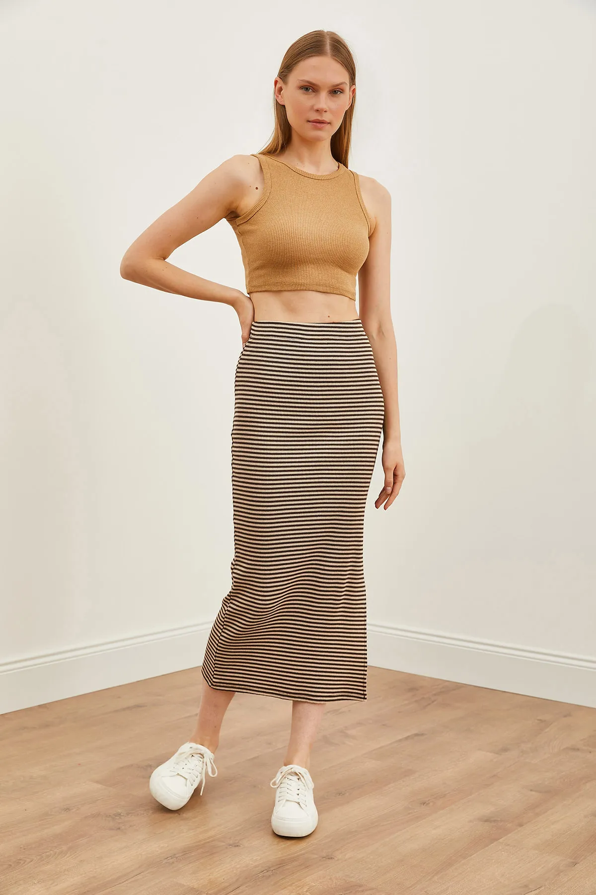 Olalook  Damen Steinbrauner Lycra Midirock mit Schlitz und Streifen ETK-19000242