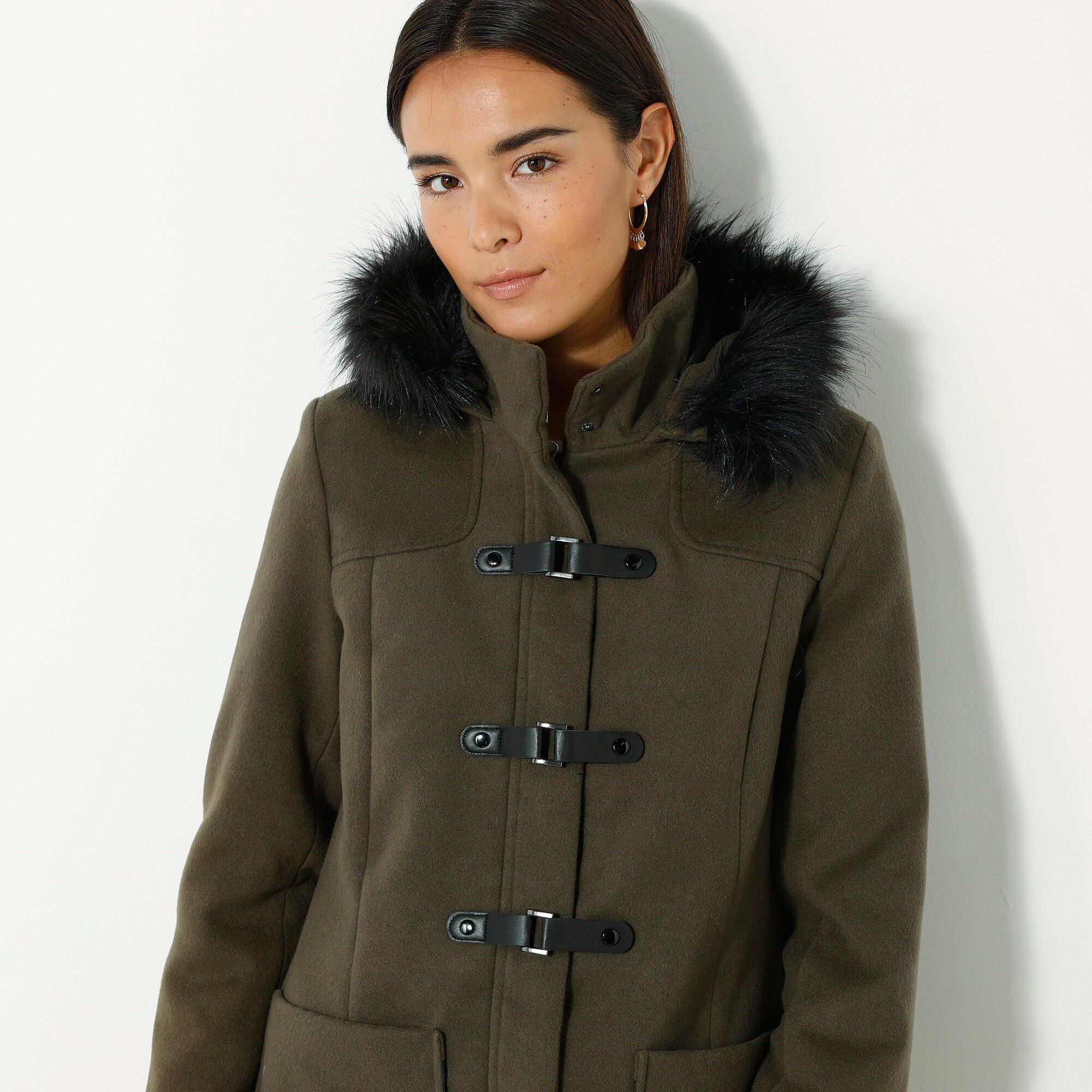 Duffle-coat capuche fausse fourrure uni
