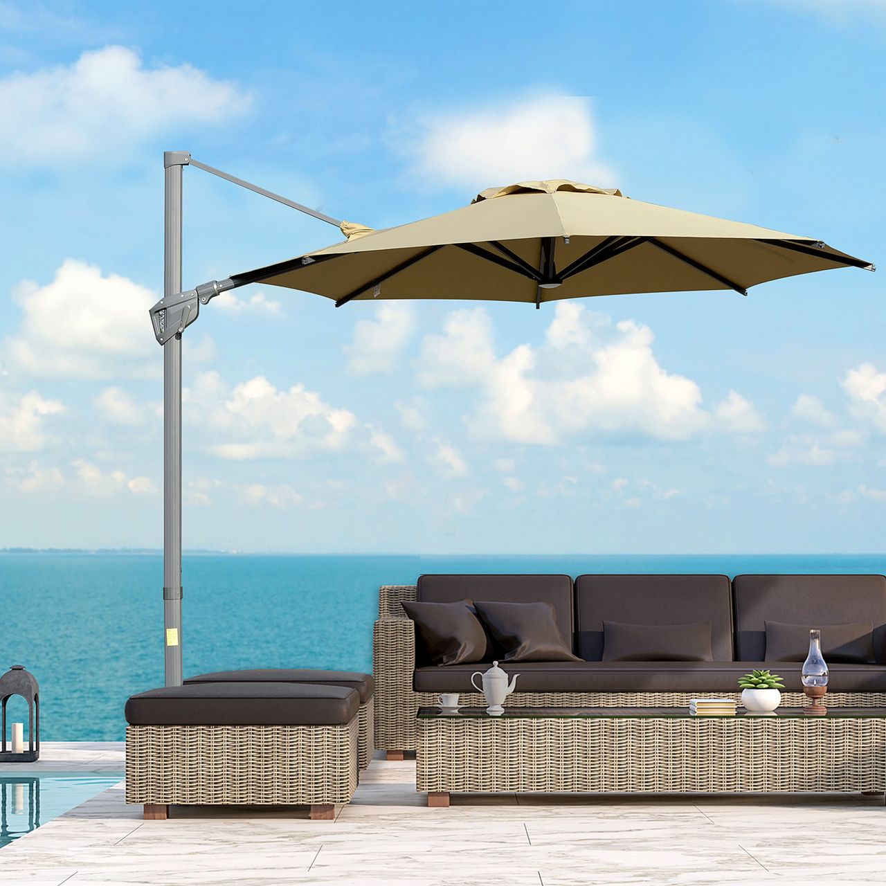 Outsunny Sonnenschirm Ø298 cm Kurbelschirm Ampelschirm Winkel verstellbar Khaki