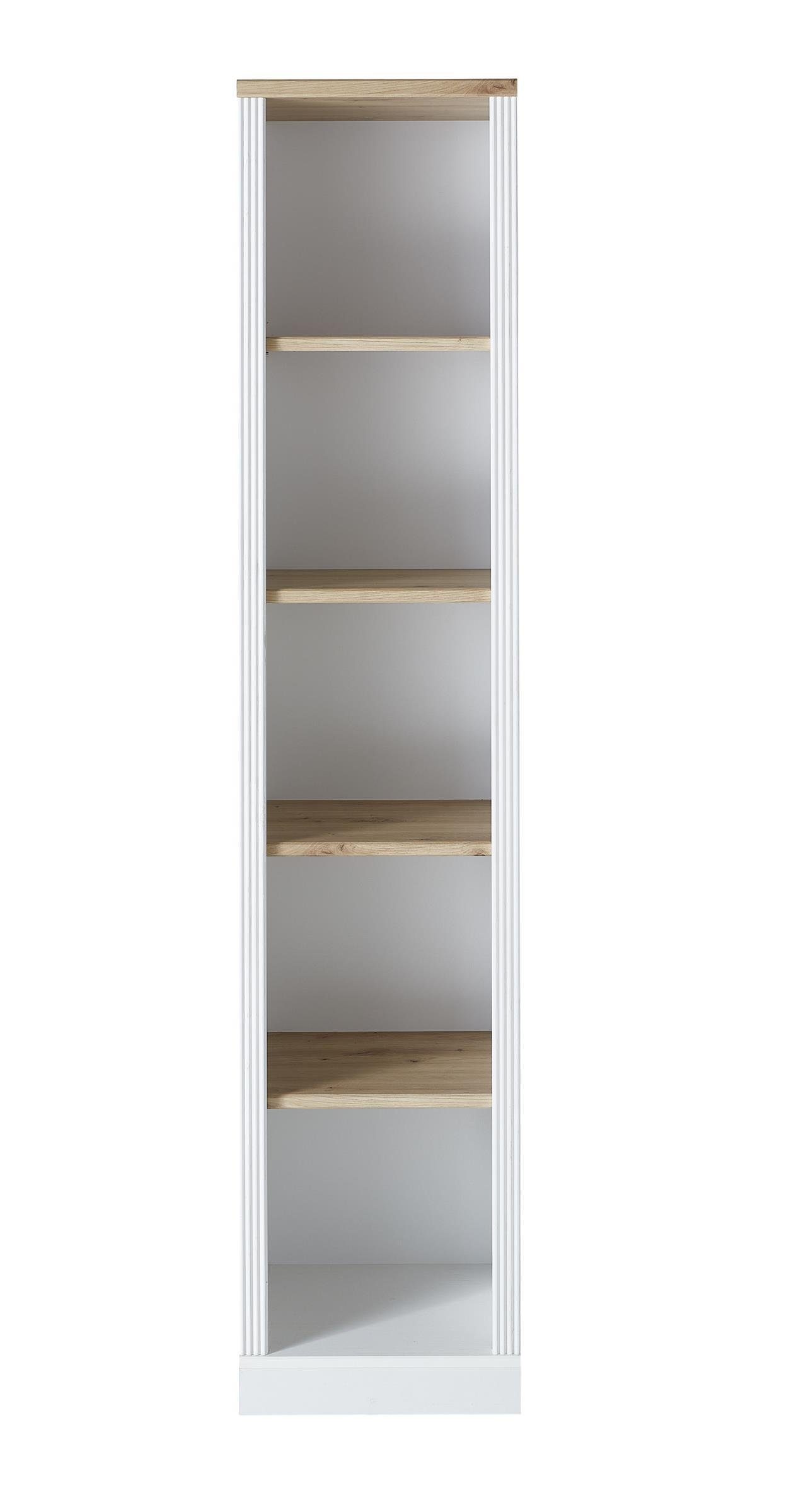 möbelando Aktenregal Jasmin, Aktenregal im modernen Landhausstil aus Spanplatte in Pinie hell Nachbildung, Absetzungen in Artisan Eiche Nachbildung mit 5 offenen Fächern. Breite 43 cm, Höhe 204 cm, Tiefe 38 cm
