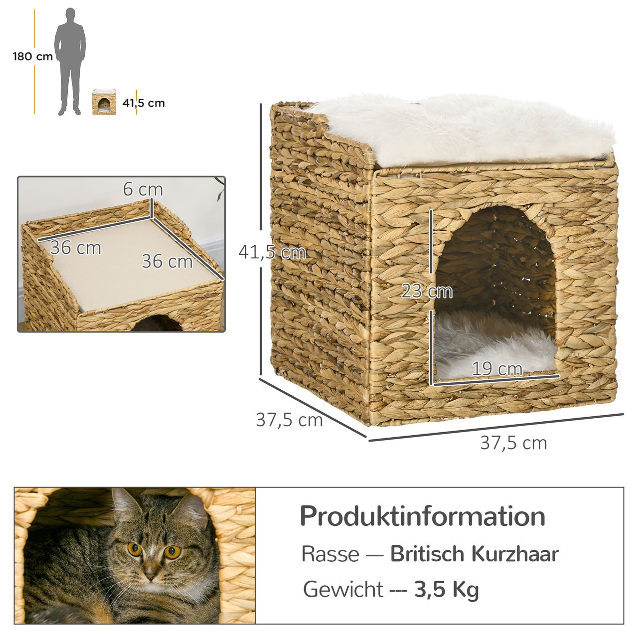 PawHut Rattan Katzenhaus, Katzenhöhle mit Kissen, Katzenhütte mit 2 Ebenen