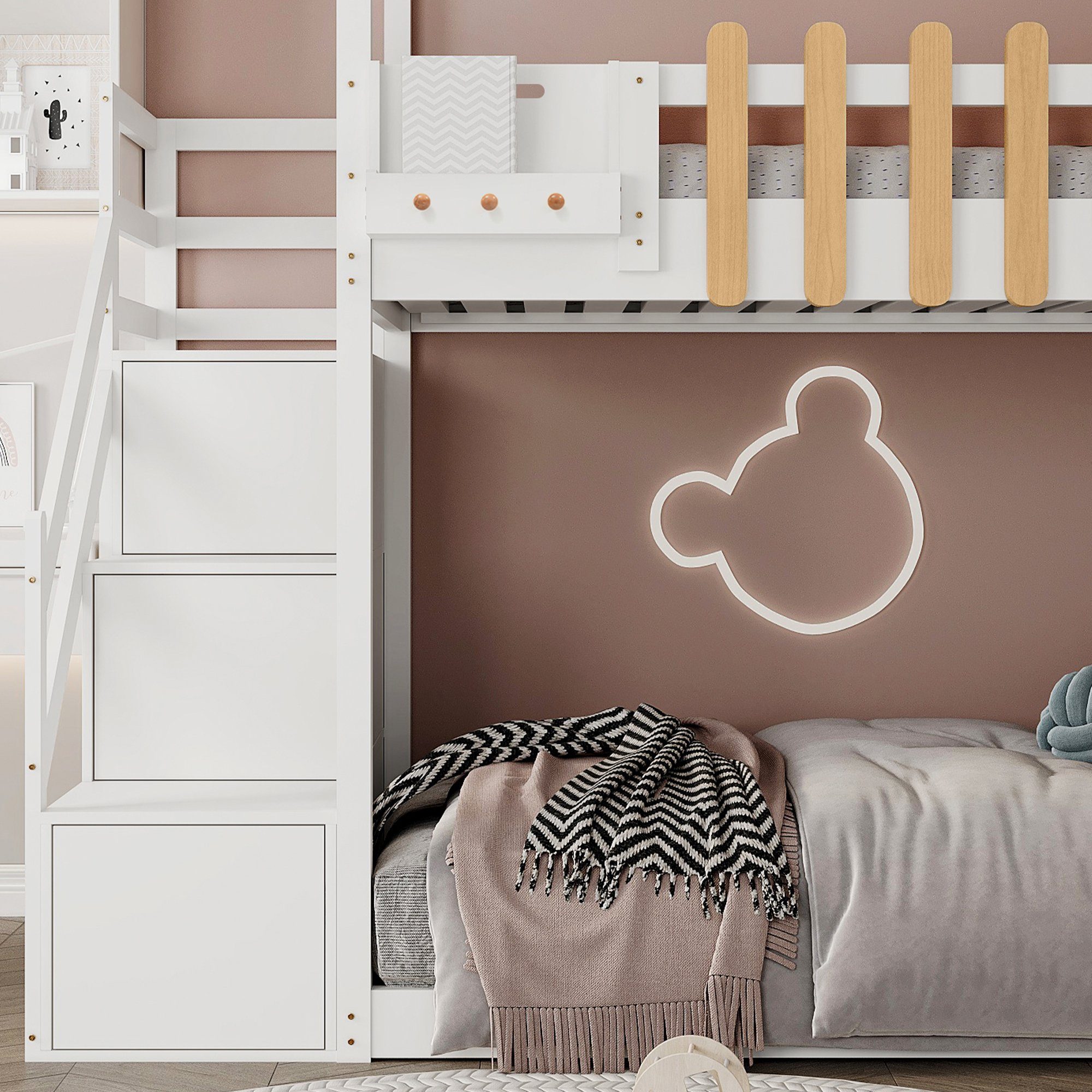 OKWISH Etagenbett Etagenbett mit Treppe, Kinderbett, Gästebett, Bett (mit Treppe, Fenster und Regalkasten, 3 Schließfächer in der Treppe, mit Fallschutzgitter), Rahmen aus massivem Kiefernholz, Ohne Matratze