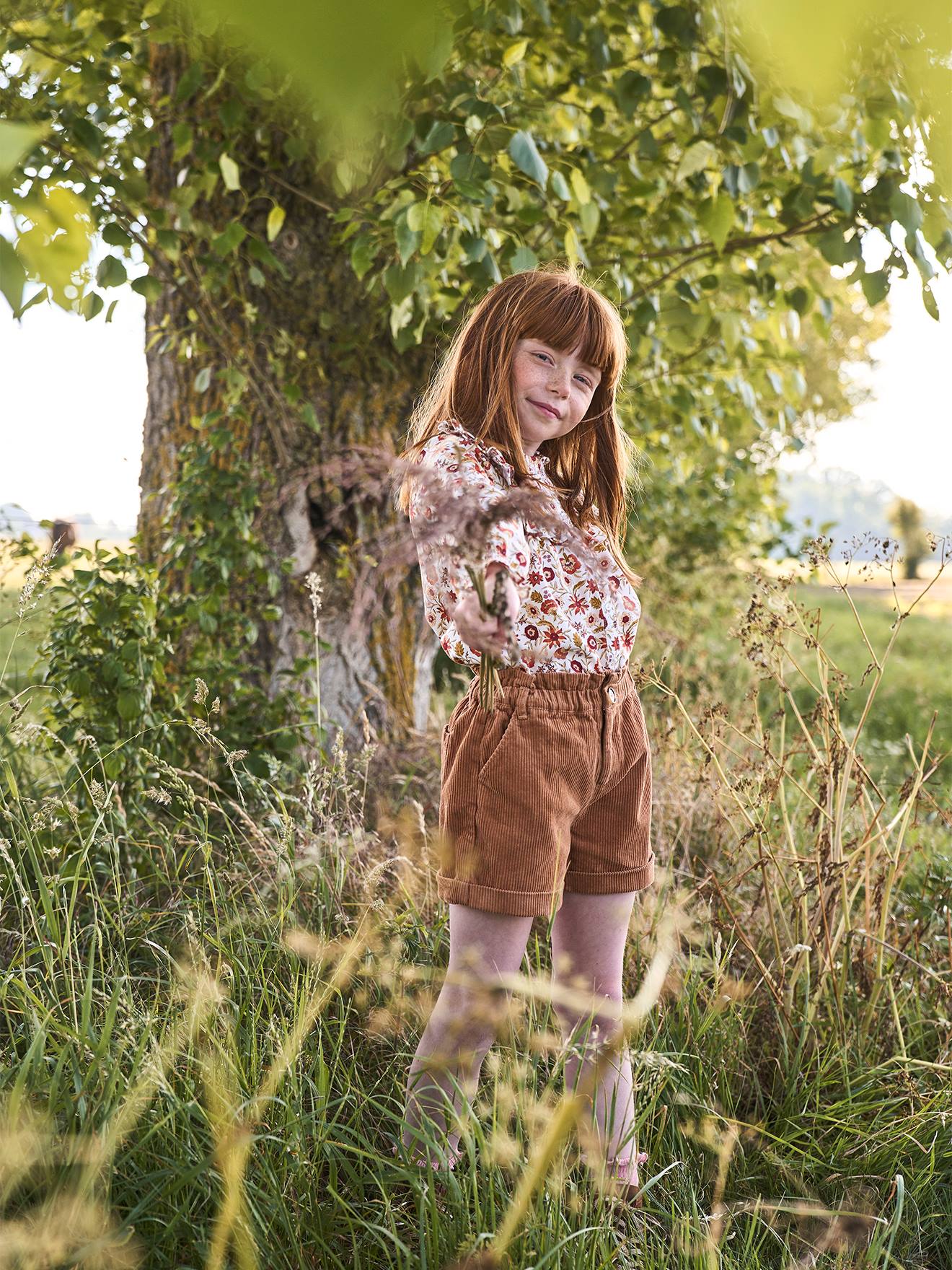 Short paperbag en velours fille camel