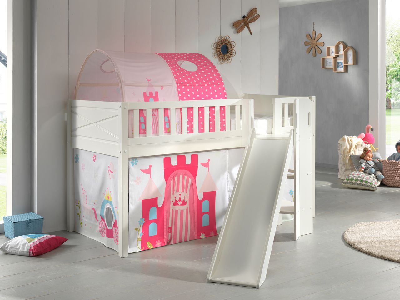 VIPACK Spielbett SCOTT, LF 90 x 200 cm, mit Rolllattenrost, Rutsche, Leiter und Textilset Vorhang und Tunnel 