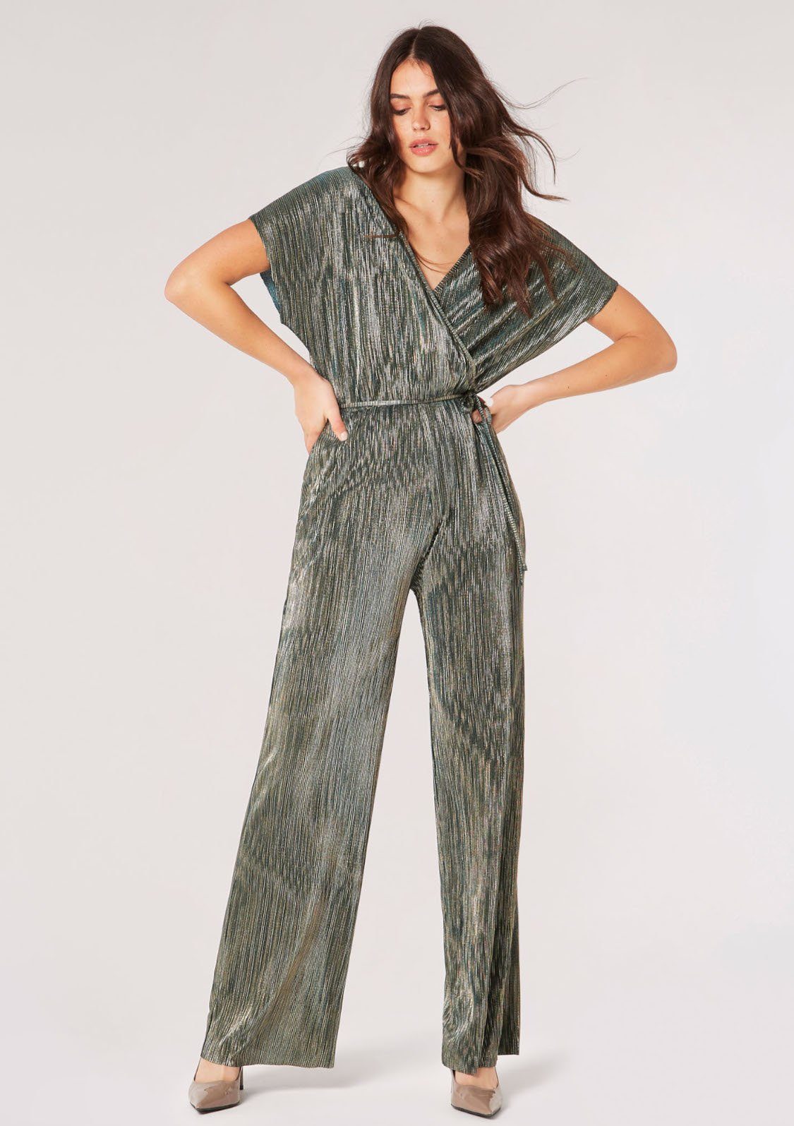 Apricot Jumpsuit Plisse Lurex Jumpsuit (2-tlg., mit Bindeband) in Wickeloptik