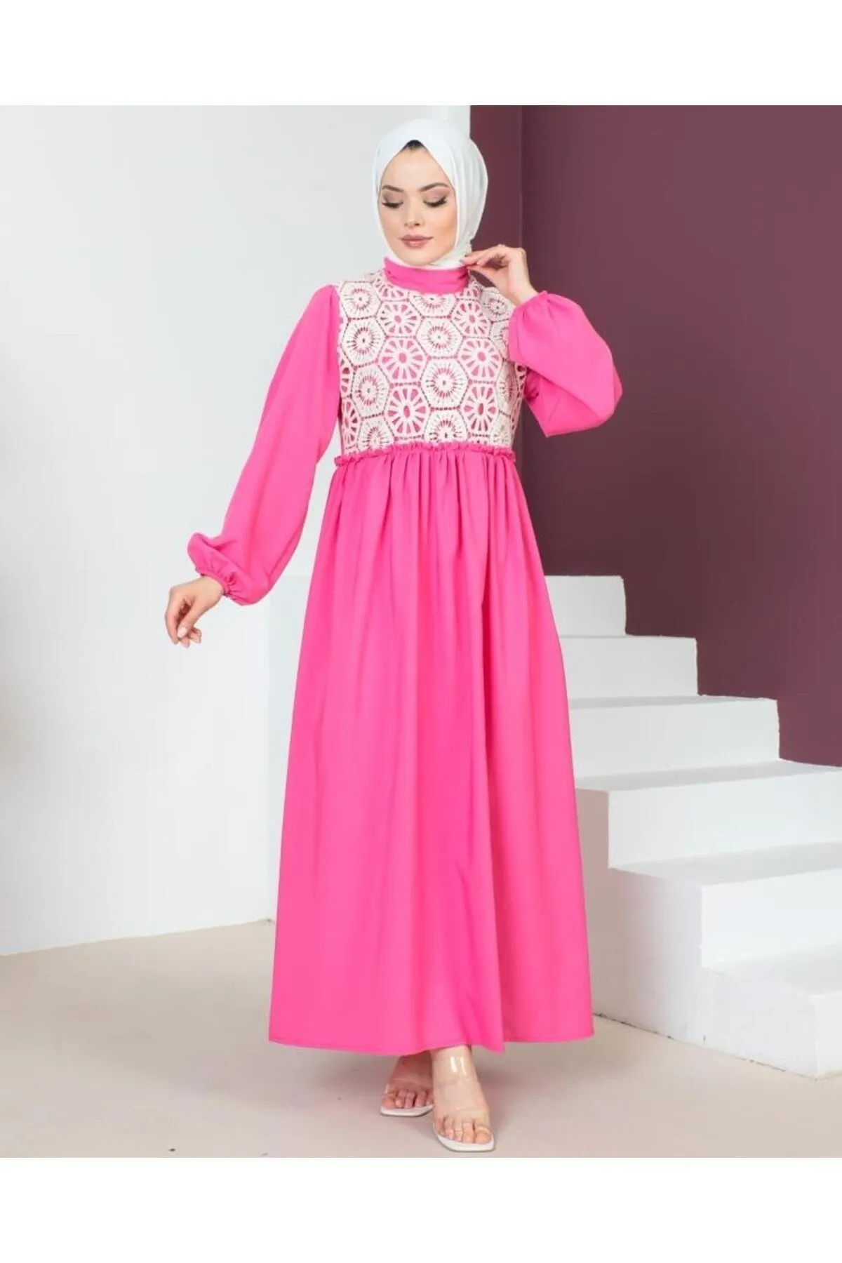 benguen  449 Spitzendetailliertes Hijab-Kleid Fuchsia
