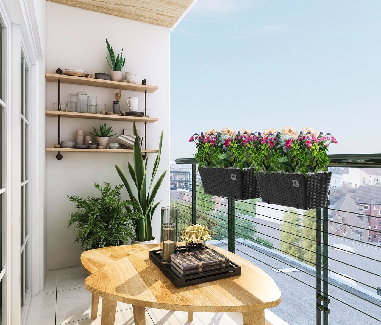 Weles Polyrattan Balkonkasten 2 Stück inkl. Aufhängung, 47 x 17 x 15 cm, 3er Kunststoffeinsatz, anthrazit