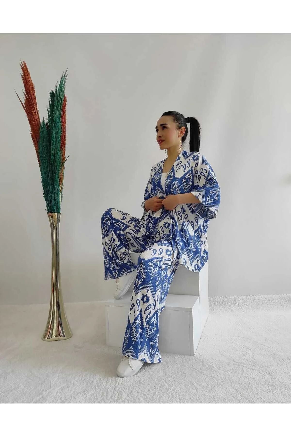 ZF BUTİK  Größe 10 Modisches gemustertes Doppel-Kimono-Set (bequeme Passform) 10nmr170