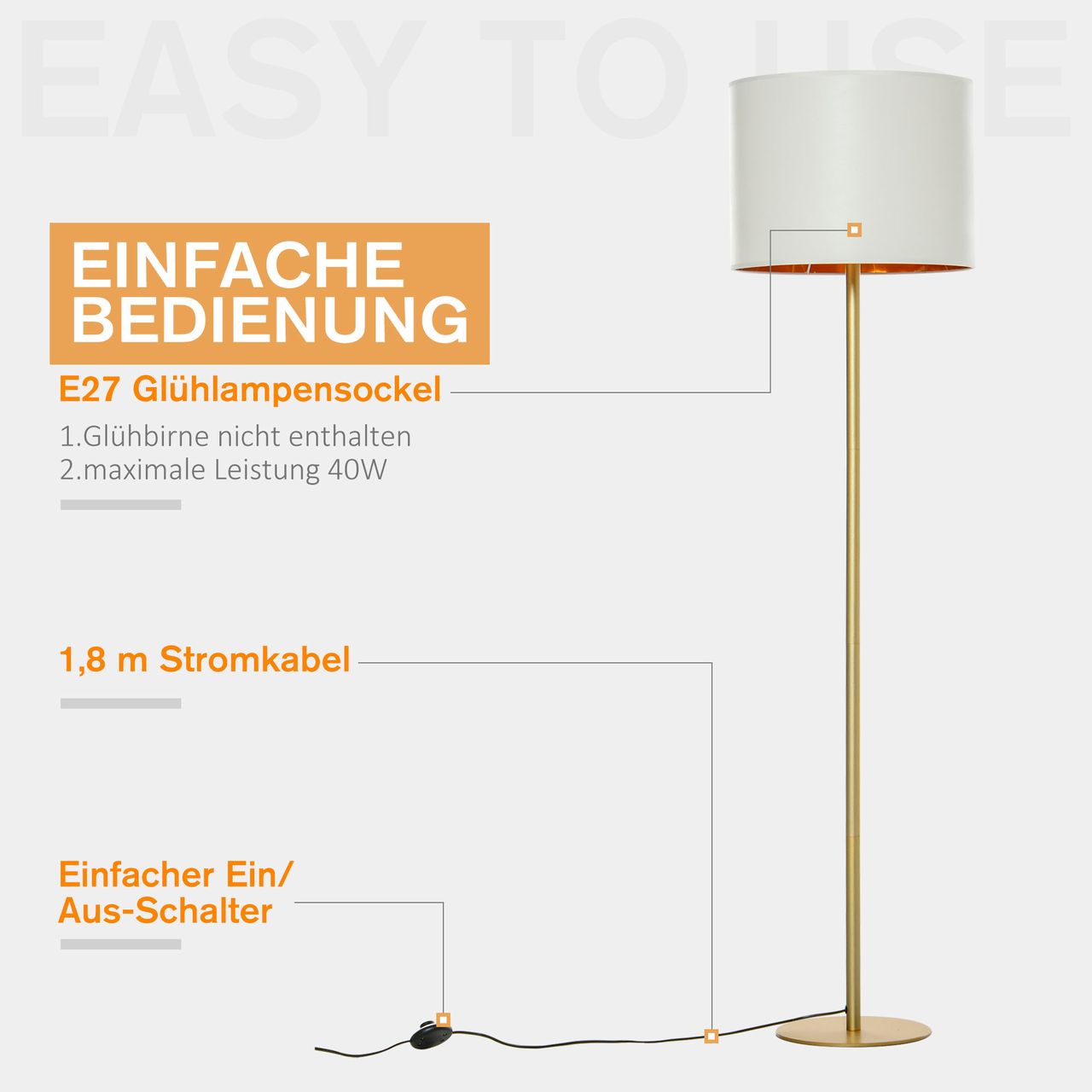 HOMCOM Stehlampe Stehleuchte für Wohnzimmer Schlafzimmer Büro, Weiß Metall, Poly Baumwolle, Ø40 x 160H cm