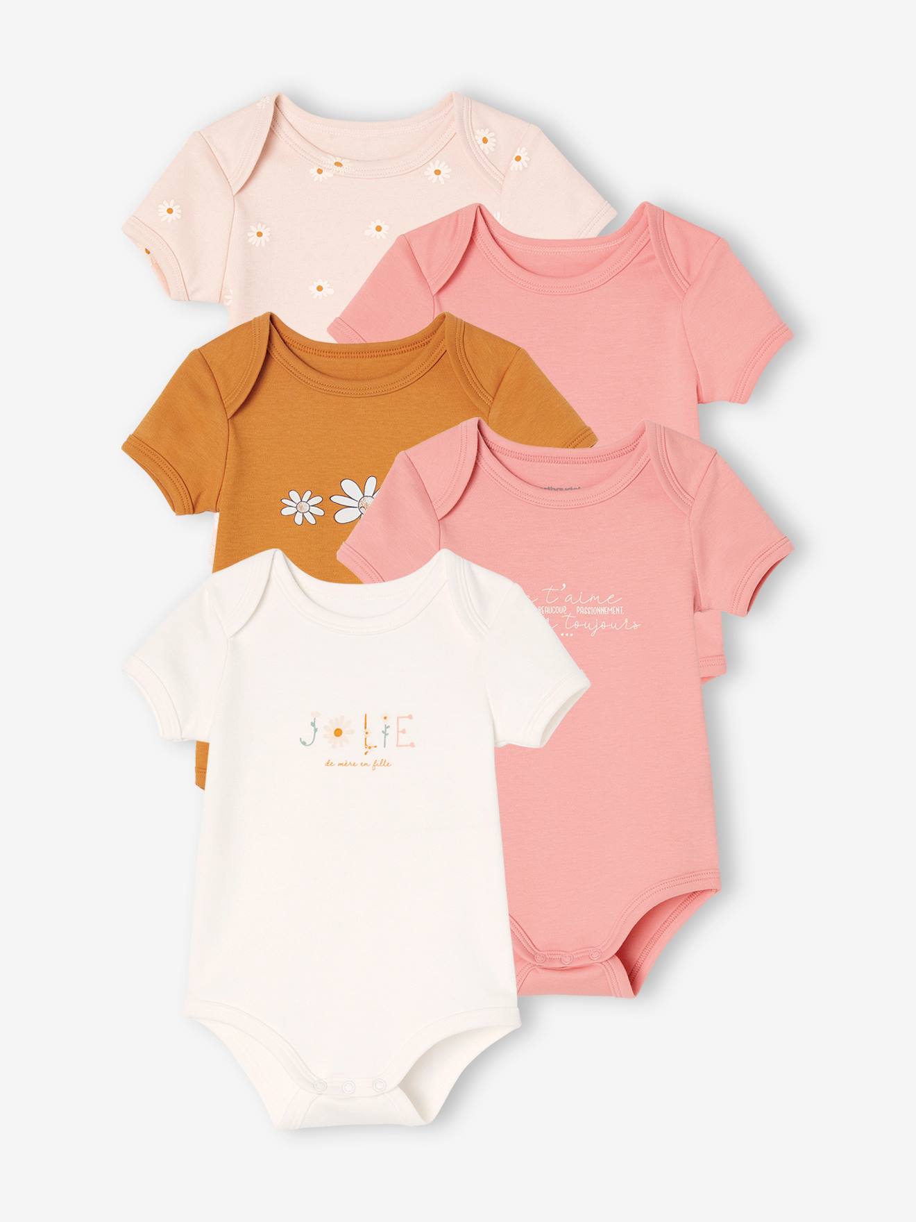Lot de 5 bodies marguerites manches courtes bébé ouverture US rose pâle