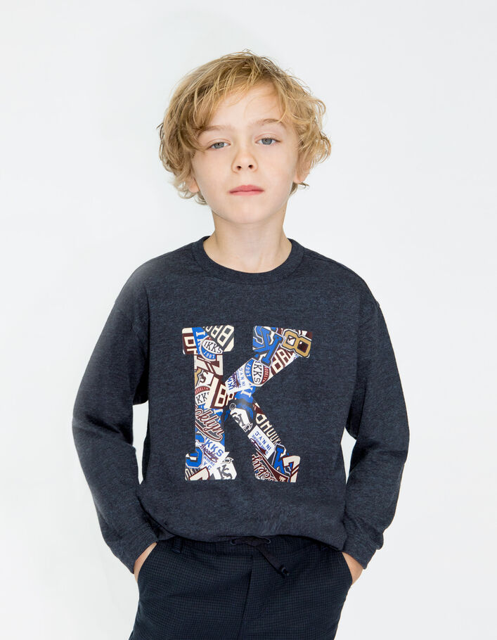 T-shirt marine chiné maxi lettre K-écussons garçon