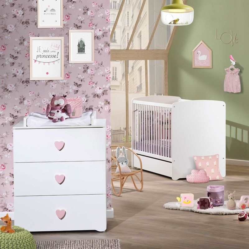 Chambre bébé 2 pièces BASIC lit et commode boutons rose