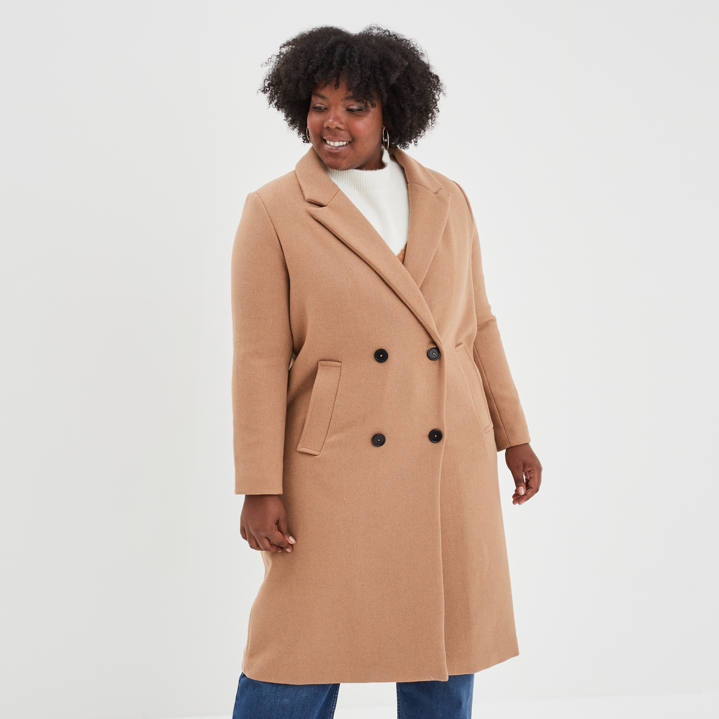 Manteau long double boutonnage taupe femme grande taille | La Halle