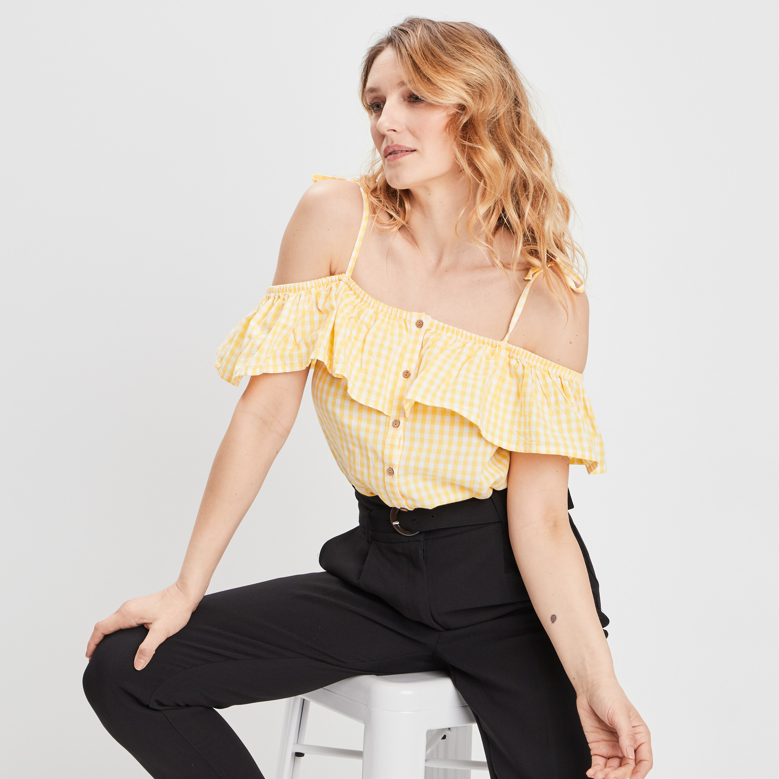 Chemise manches courtes col bardot jaune moutarde femme | La Halle