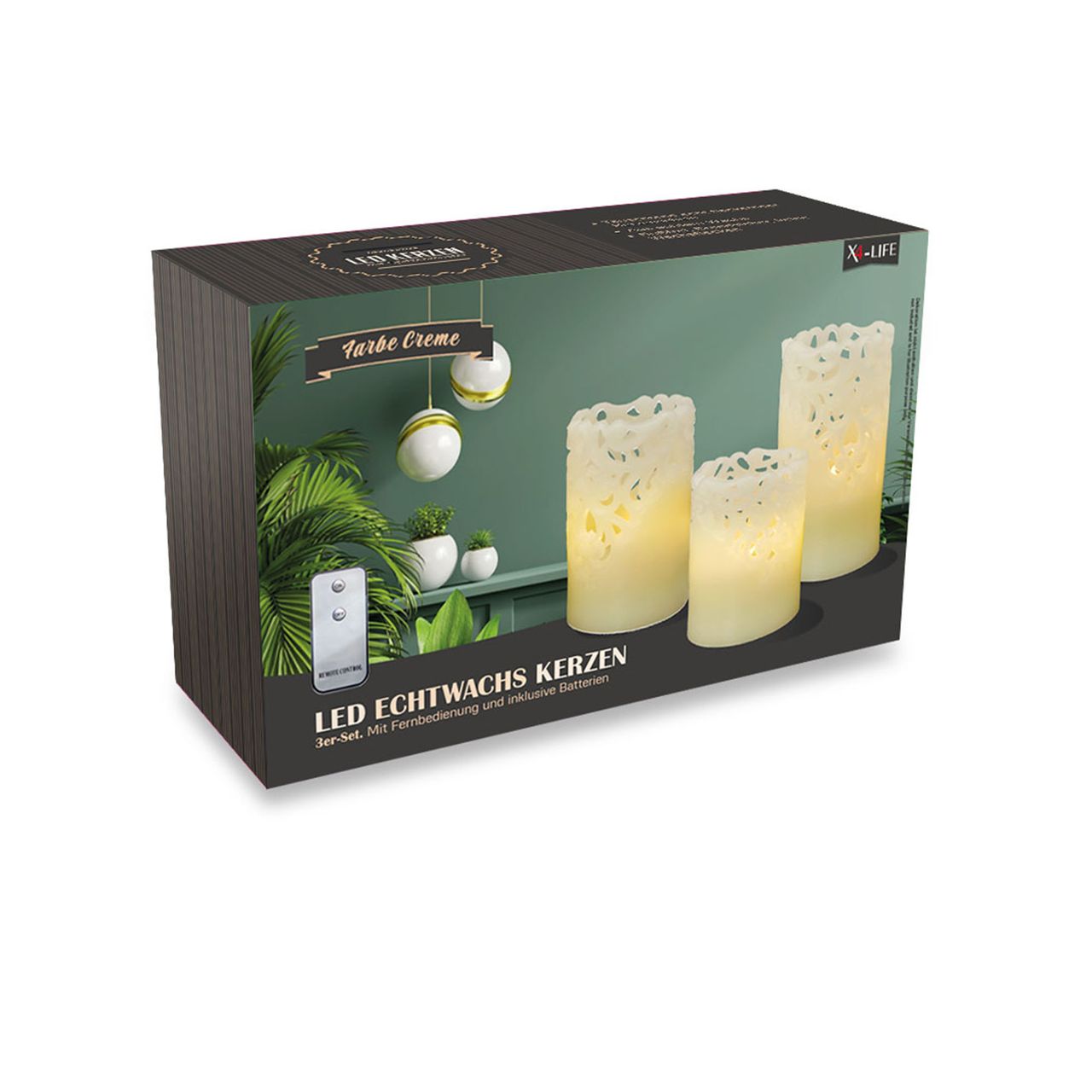 X4-Life X4-LIFE LED Echtwachskerzen mit Spitzenmuster 3er Set inkl. Fernbedienung