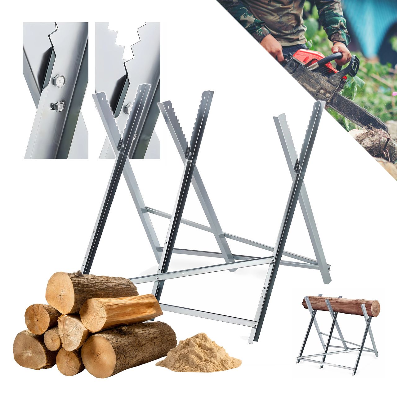TroniTechnik GARMIO® Sägebock Holzsägebock klappbar, silber 150kg, verzinkt zusammenklappbar