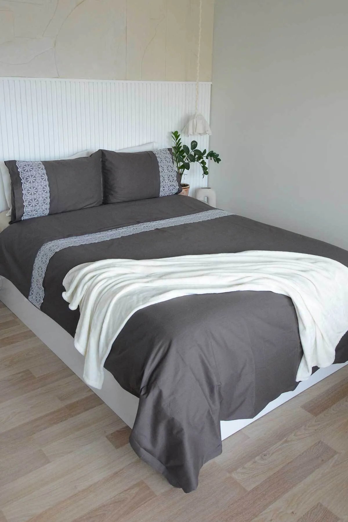 Elart  Bettbezug-Set für Doppelbett, 100 % natürliche Baumwollspitze, 3-teilig, Elsa, Anthrazit