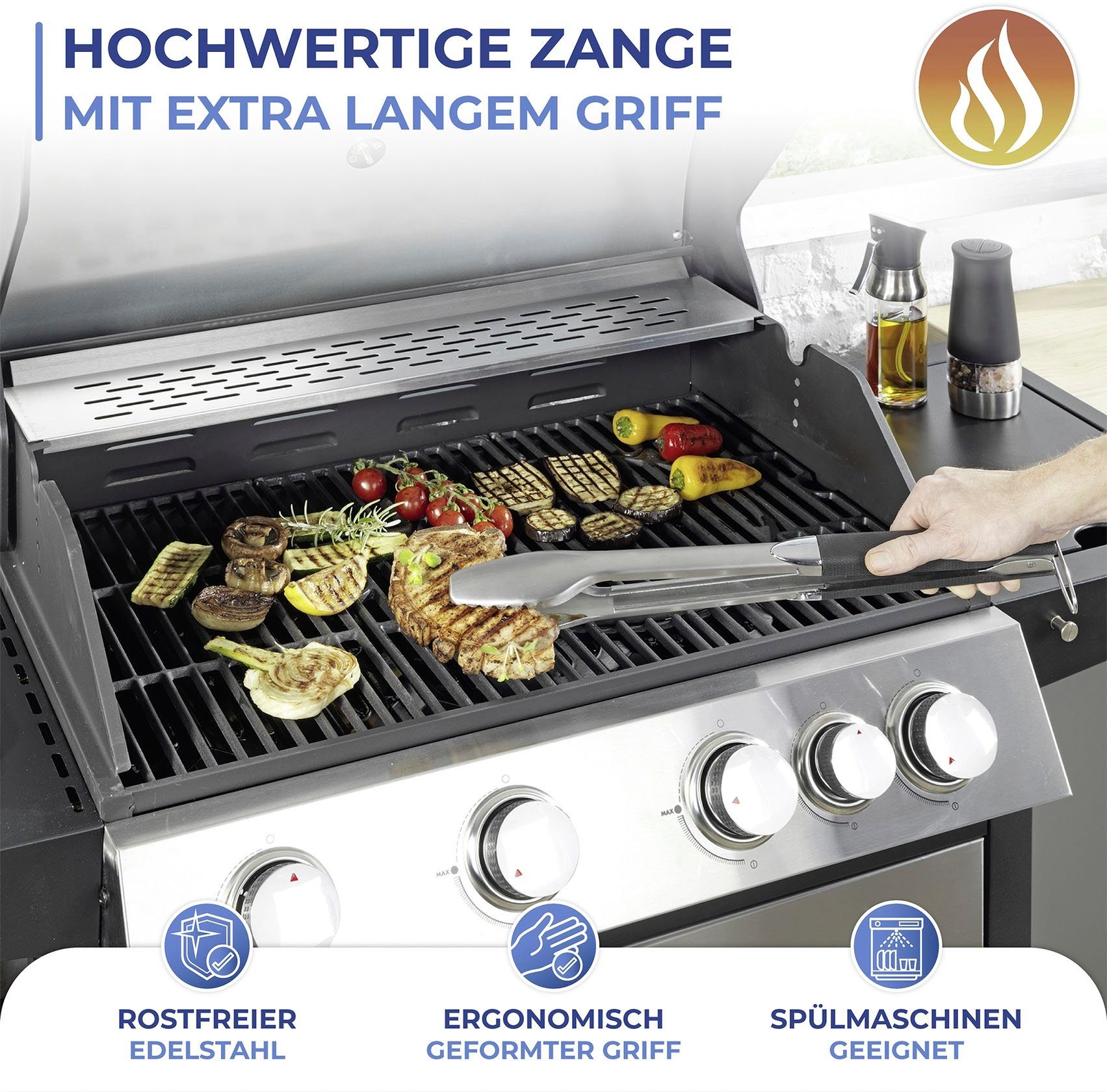 Maximex Grillzange BBQ, extra lang, temperaturbeständig, Edelstahl