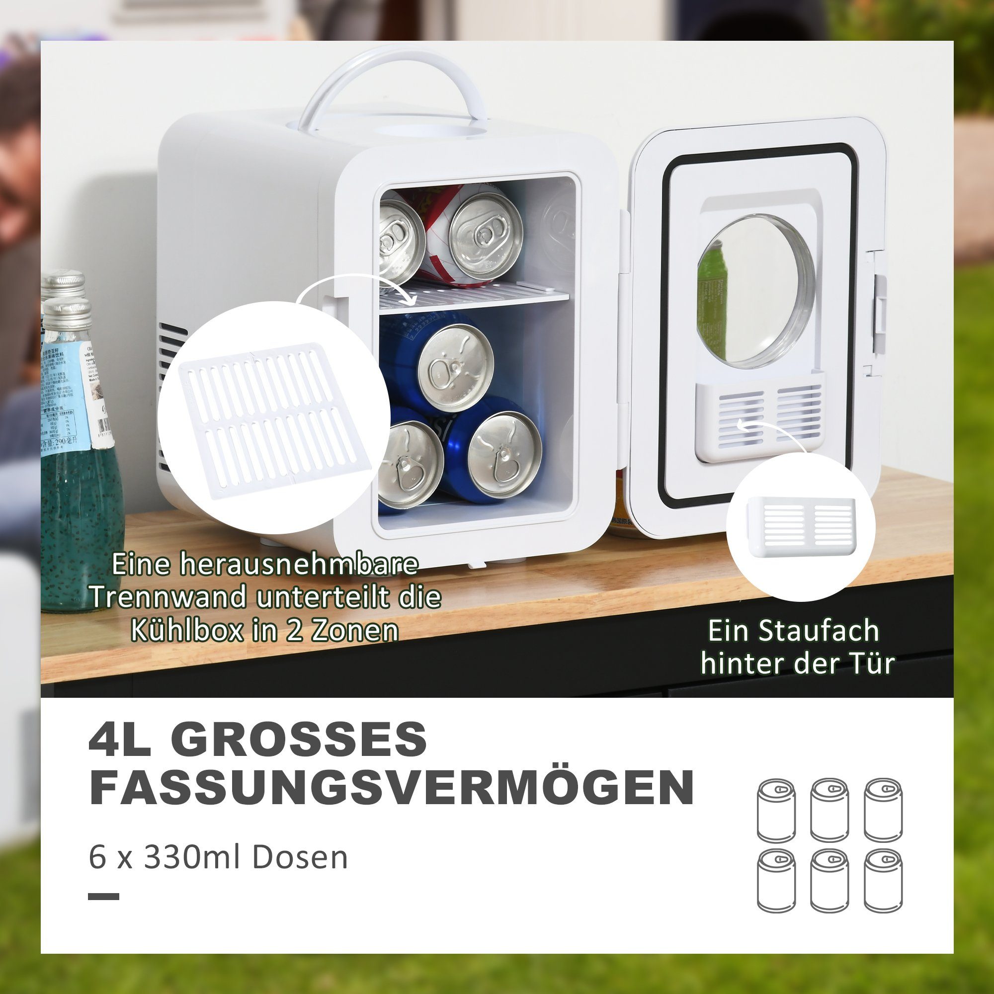 HOMCOM Kühlbox Auto-Warmhaltebox, 4L Kühlschrank Mini-Kühlschrank 60 W für Camping Weiß