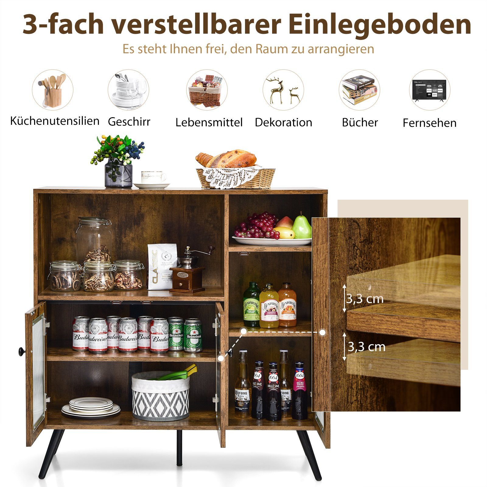 COSTWAY Küchenbuffet mit Glastüren & Fächern, Kippschutz, 100x39,5x100cm