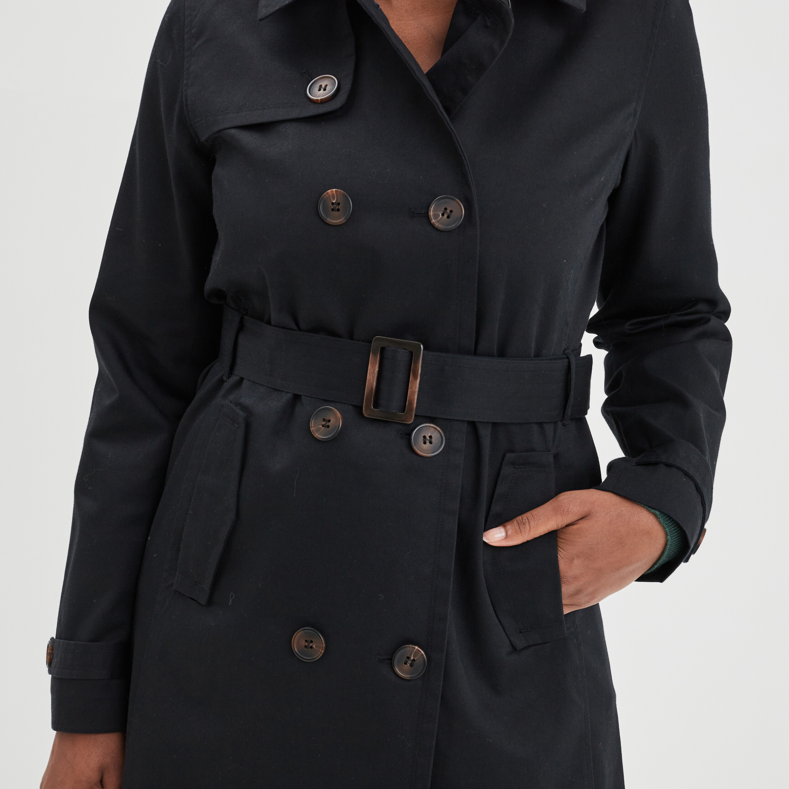 Trench mi-long ceinturé ajusté noir femme | La Halle