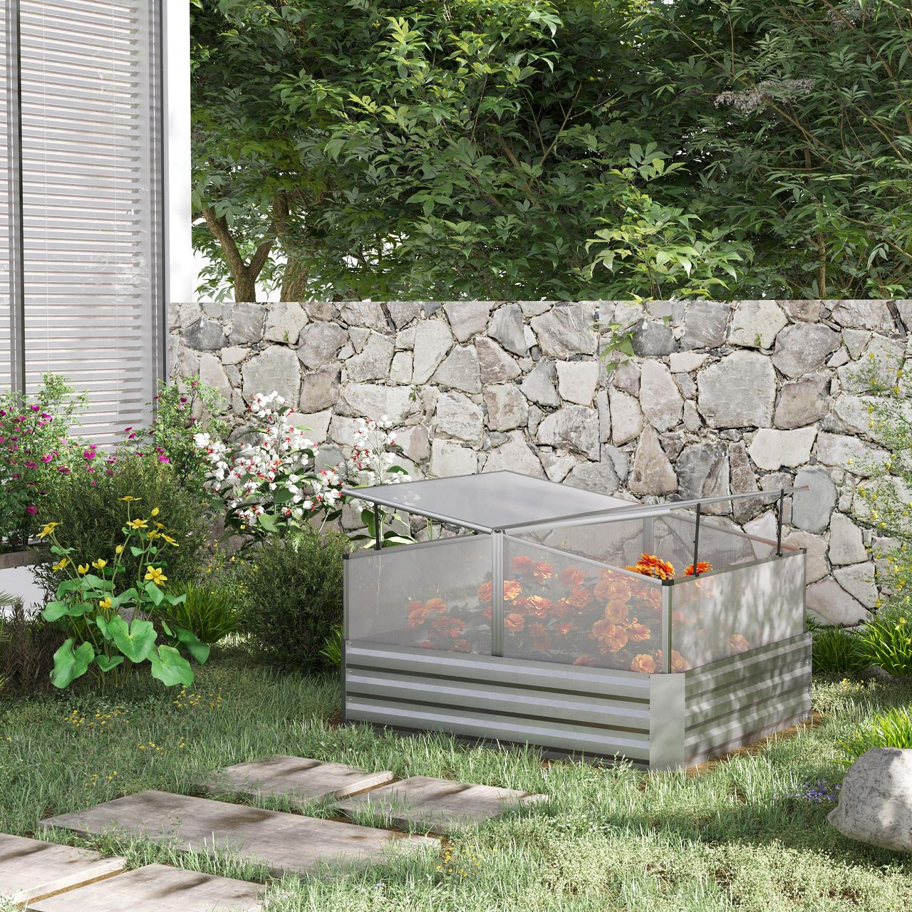 Outsunny Hochbeet Gemüsebeet mit Abdeckung für Garten, Terrasse Silber