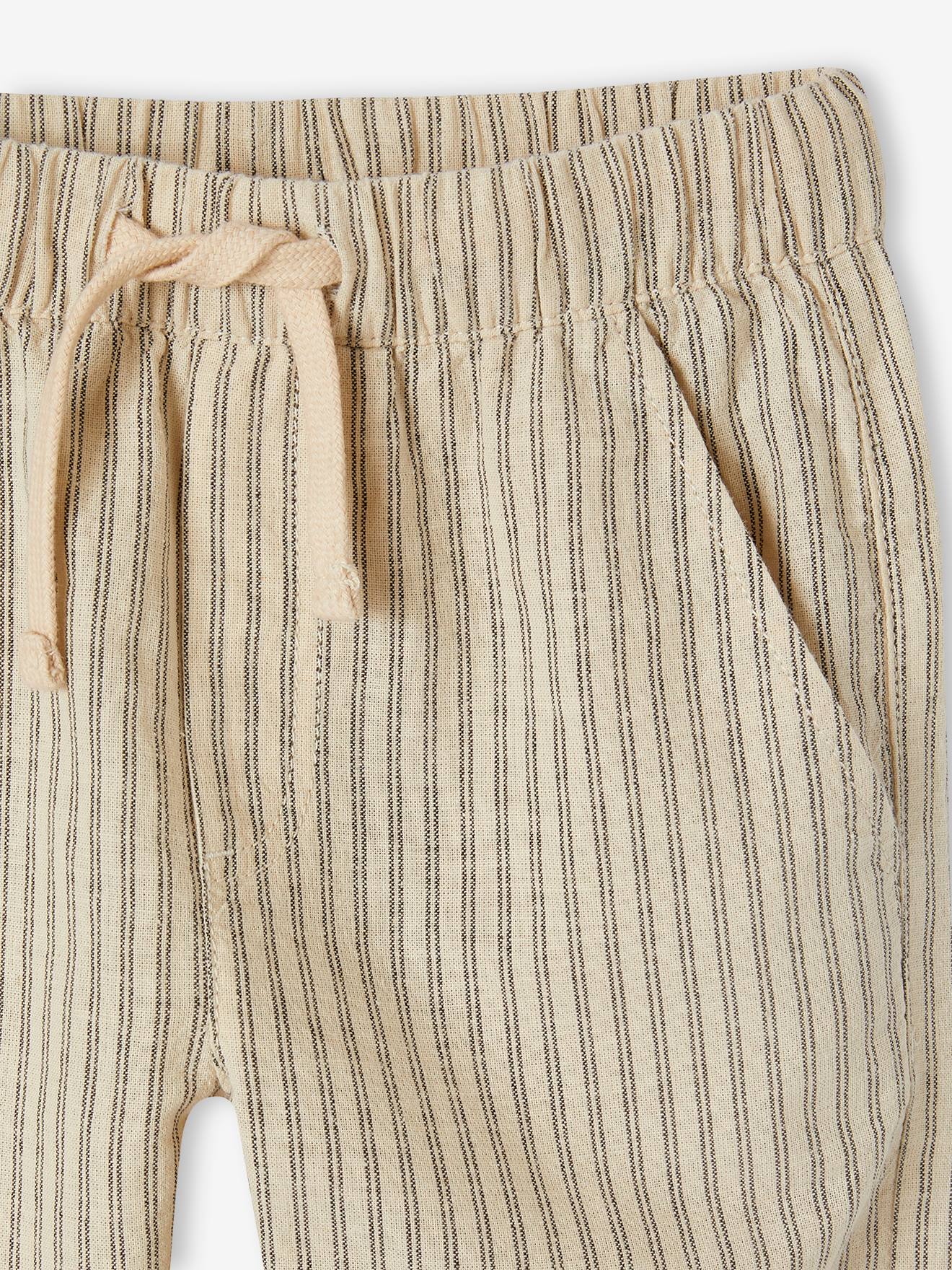 Vertbaudet Weite Jungen Hose mit Streifen, Leinen-Mix - beige gestreift