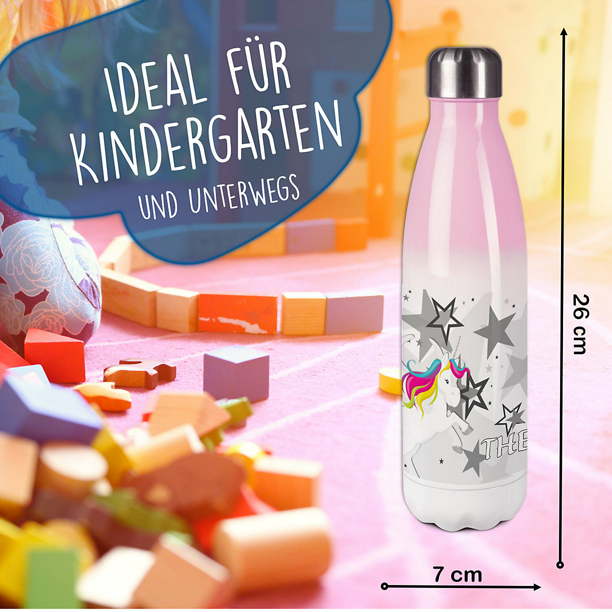 Edelstahl Kinder Thermoflasche / Trinkflasche bunt Pegasus Sterne Farbe grau Spülmaschinenfest, Auslaufsicher, Bruchfest, Doppelwandig, Für Heißgetränke geeignet, Mit Deckel, Isoliert