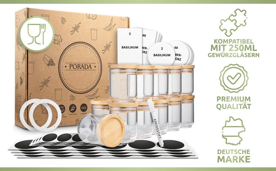 PORADA Gewürzbehälter Set 150ml stapelbare Gewürzgläser Glasbehälter Bambus Deckel, (Set, 12-tlg., Set), Handarbeit, platzsparend, stapelbar, Bambusdeckel