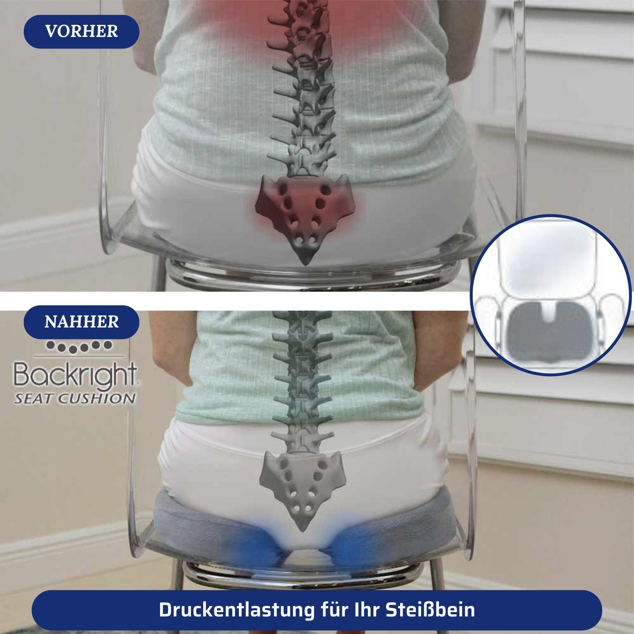Best Direct® Sitzkissen Backright® Seat Cushion, Ergonomisch, Schmerzreduzierend, waschbar, 45x33cm