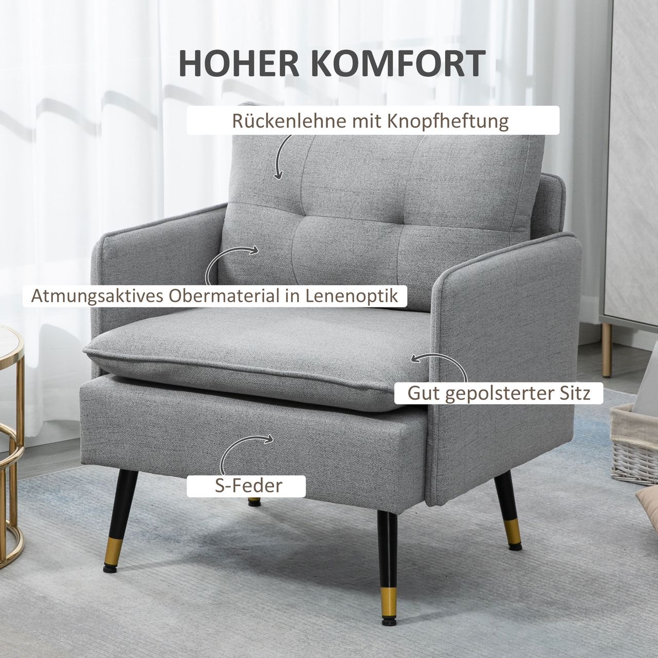 HOMCOM Einzelsessel Polstersessel Akzentstuhl mit Leinenoptik, bis 120 kg, Grau