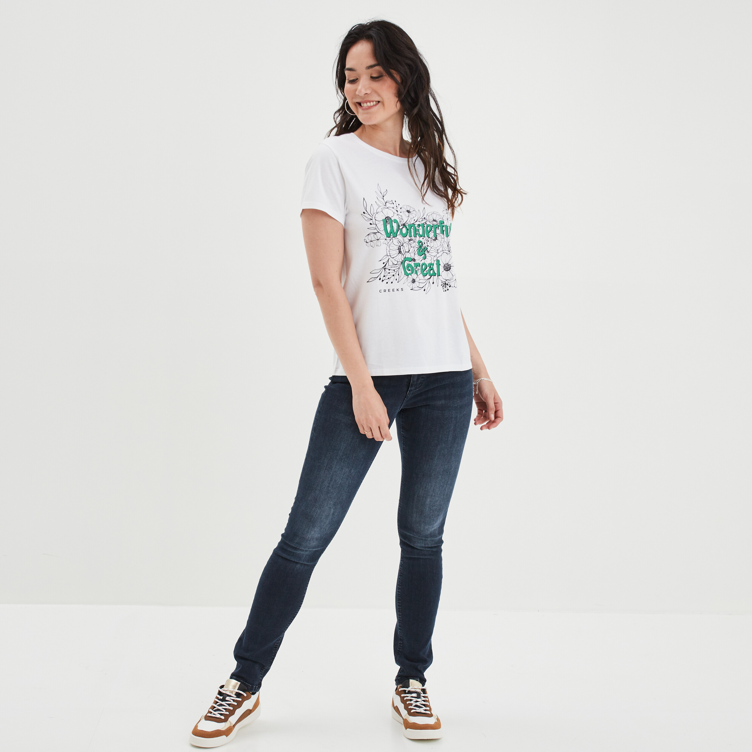 T-shirt ajusté col rond coton Creeks ecru femme | La Halle