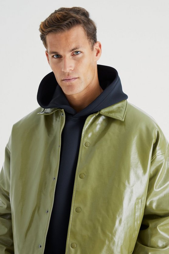 Tall kastige hochglänzende PU Harrington-Jacke