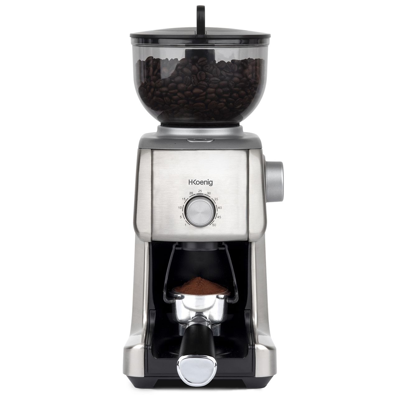 H.Koenig Elektrische Kaffeemühle GRD830, 16 Stufen - leistungsstark 130W - Kapazität 400g - abnehmbare Mühle - Aluminiumgehäuse - einfache Reinigung, Silber