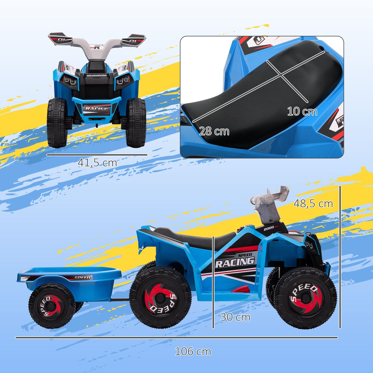 HOMCOM Kinderquad Kinder Elektro-Quad, 6V Elektroauto mit Anhänger Metall Blau