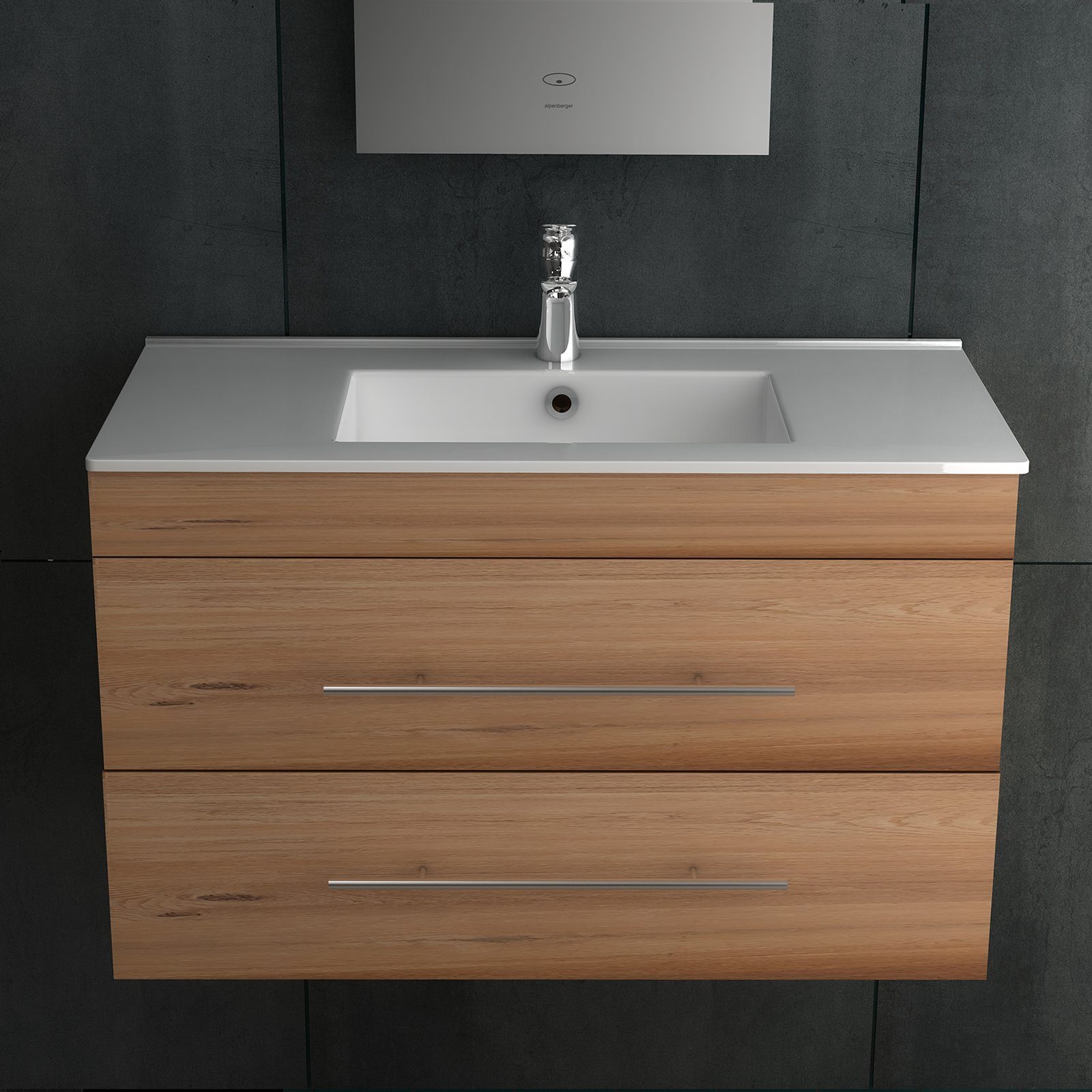 Alpenberger Badmöbel-Set Bad Unterschrank & Waschbecken Set – Waschtisch Gäste WC, (2-tlg., Badezimmermöbel Vormontiert mit Nano Becken), Waschbeckenunterschrank Breite 80 cm für Badezimmer in Bamboo
